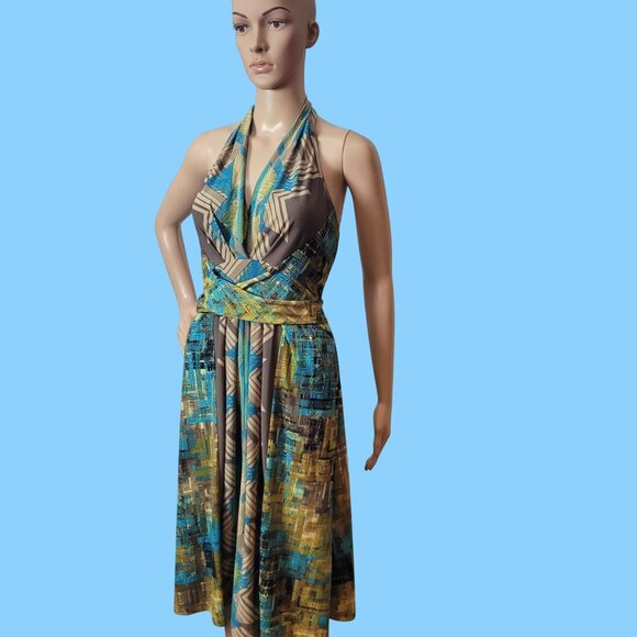 BCBGMAXAZRIA Teal Multicolor Abstract Patterned Halter Dress Size Sm V-neck Wrap - Picture 3 of 12